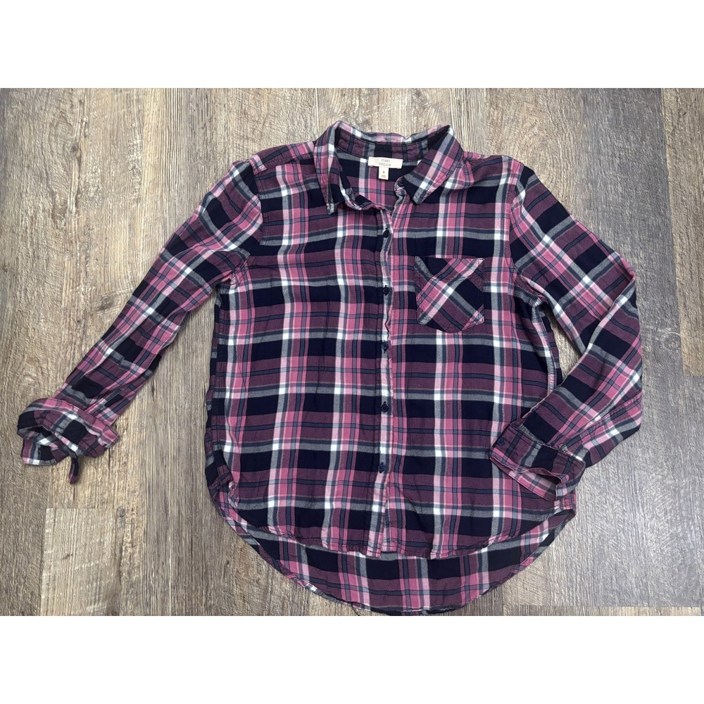 Como Vintage Womens Plaid‎ Button Down Shirt Navy Pink Rayon Small G2U034ND